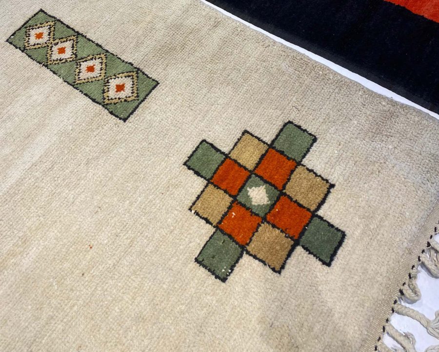 Midcentury Moroccan Green, Yellow, Red and White Handmade Wool Rug BB6253