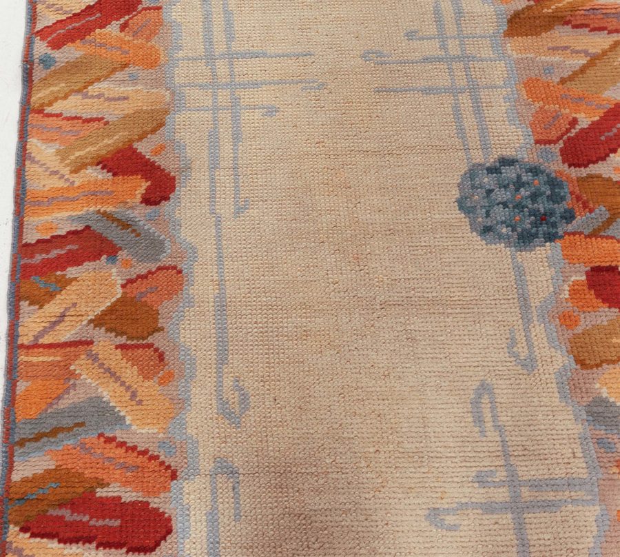 Mid-20th century Botanic Art Deco Style Yellow, Beige, Blue Handmade Wool Rug BB6265