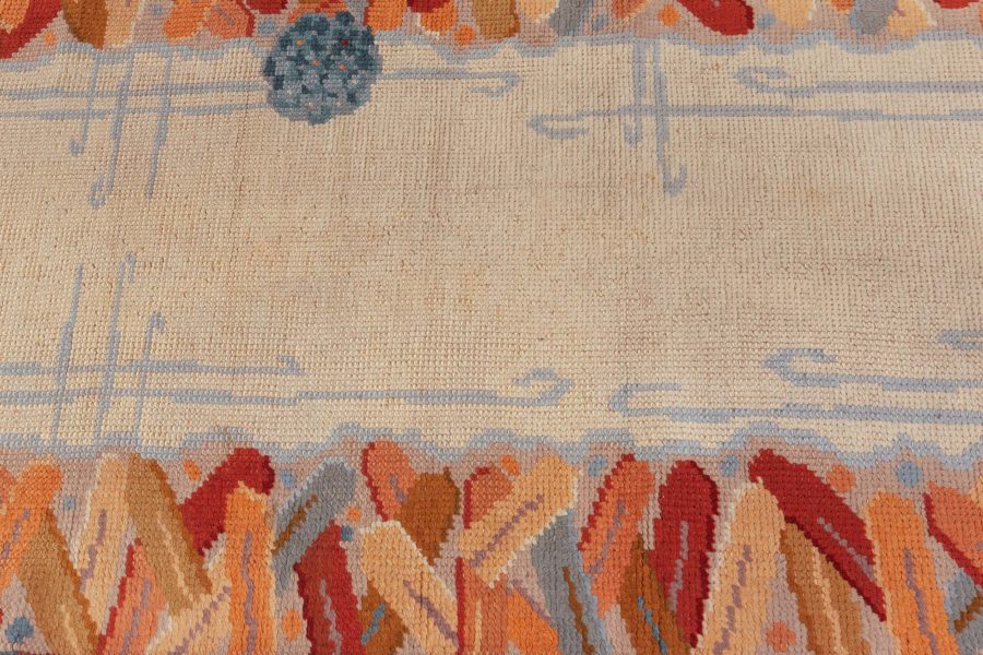 Mid-20th century Botanic Art Deco Style Yellow, Beige, Blue Handmade Wool Rug BB6265