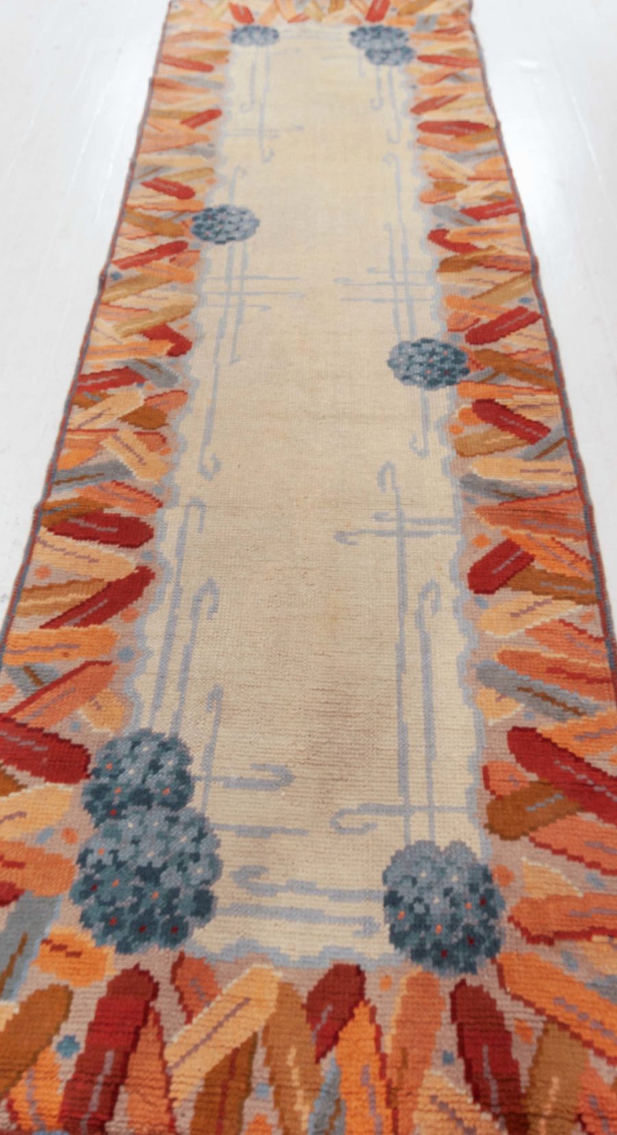 Mid-20th century Botanic Art Deco Style Yellow, Beige, Blue Handmade Wool Rug BB6265