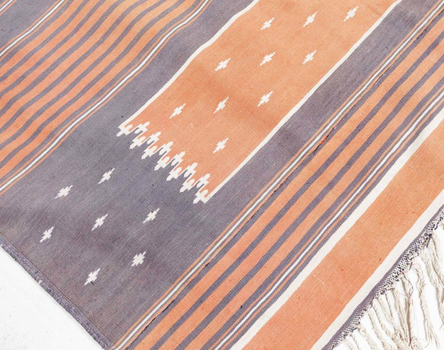 Mid-20th Century Long & Narrow Indian Dhurrie Brown, Orange, Ivory Cotton Runner BB6285