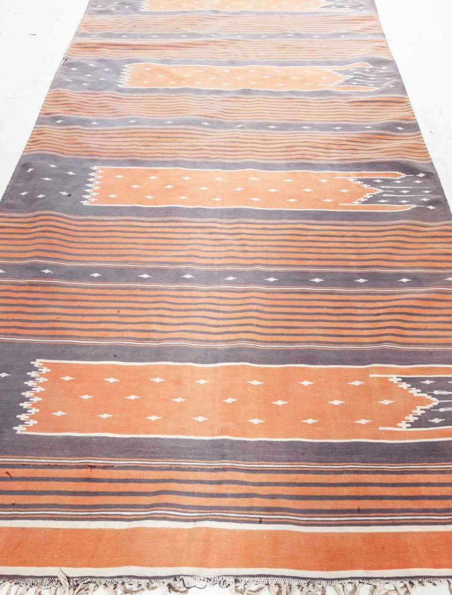 Mid-20th Century Long & Narrow Indian Dhurrie Brown, Orange, Ivory Cotton Runner BB6285