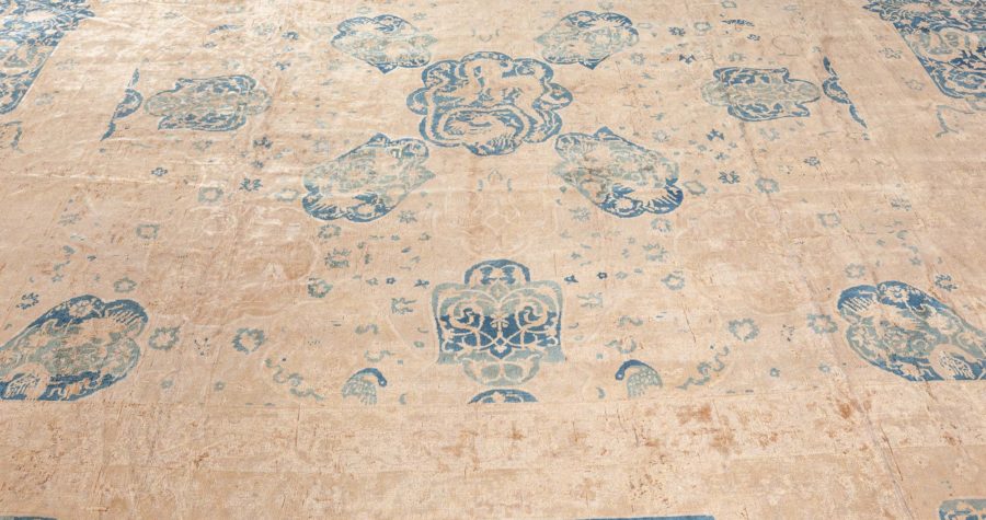 Antique Indian Animal Design Beige and Sky Blue Handwoven Wool Rug BB7136