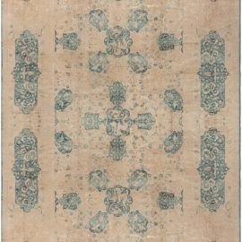 Antique Agra Indian Allover Floral Warm Tan With Teal Hand-Knotted Wool Rug – Circa 1920 BB7136