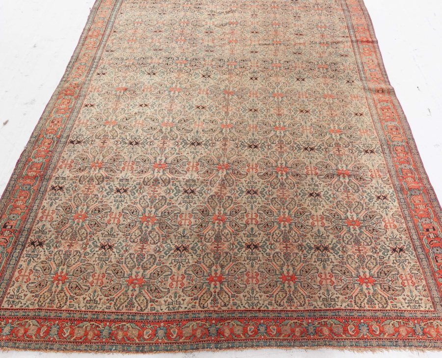 Authentic 19th Century Persian Senneh Botanic Blue Red Beige Handmade Wool Rug BB7154