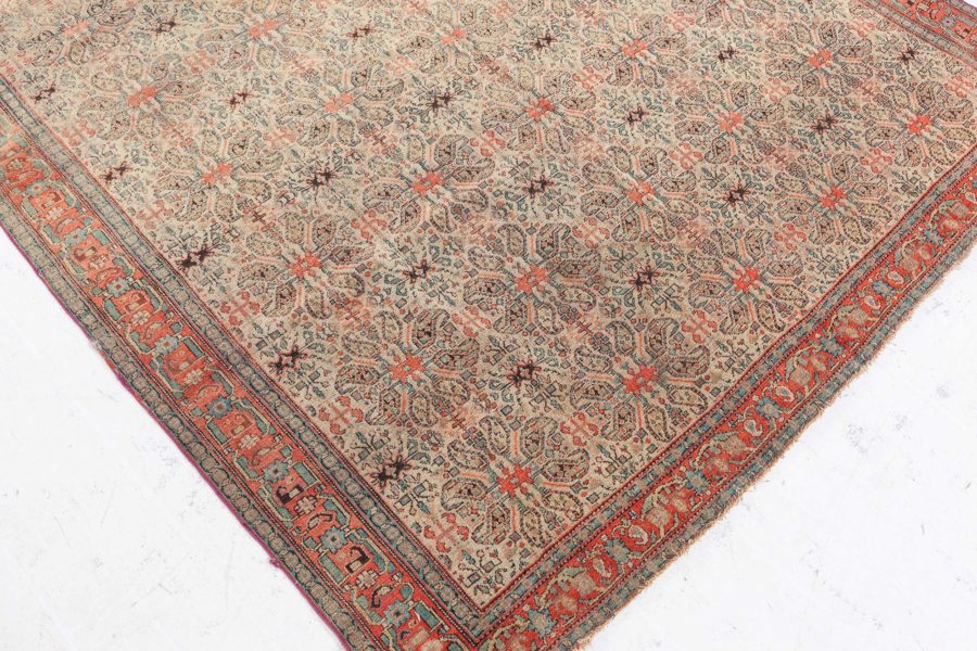 Authentic 19th Century Persian Senneh Botanic Blue Red Beige Handmade Wool Rug BB7154