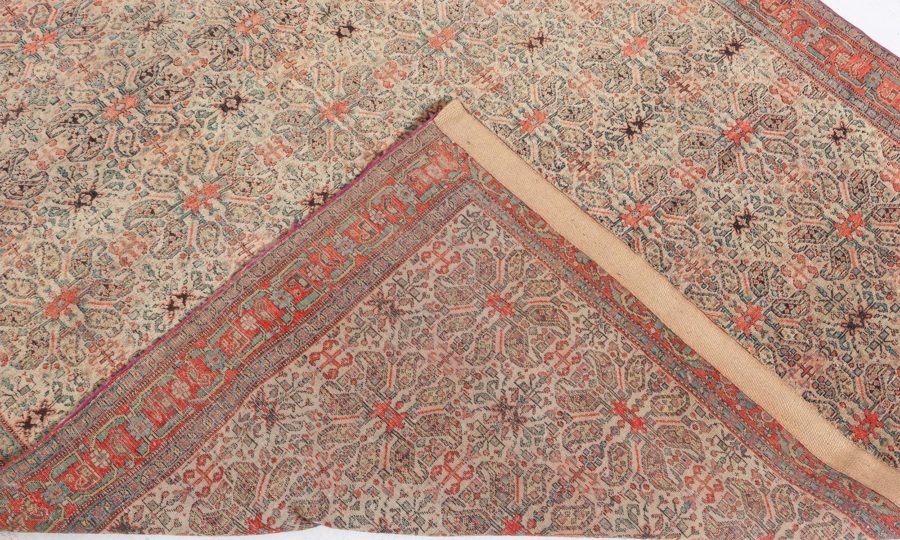 Authentic 19th Century Persian Senneh Botanic Blue Red Beige Handmade Wool Rug BB7154