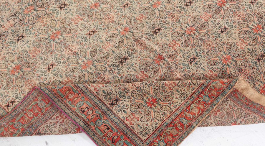 Authentic 19th Century Persian Senneh Botanic Blue Red Beige Handmade Wool Rug BB7154