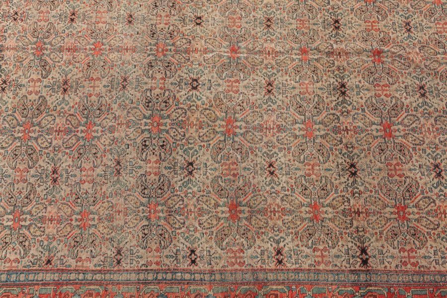 Authentic 19th Century Persian Senneh Botanic Blue Red Beige Handmade Wool Rug BB7154