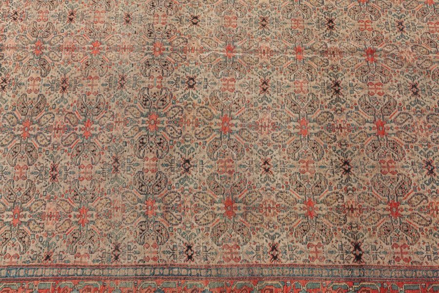 Authentic 19th Century Persian Senneh Botanic Blue Red Beige Handmade Wool Rug BB7154