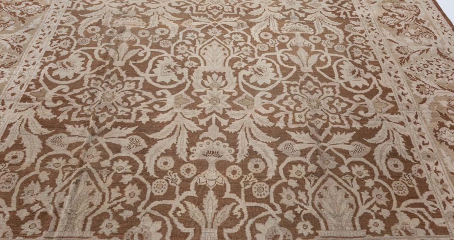 19th Century Indian Amritsar Botanic Brown Handwoven Wool Rug BB7201