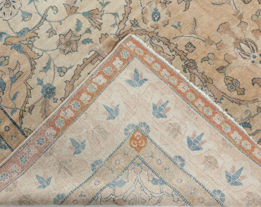 Antique Ivory Background Blue Flower Medallion Persian Tabriz Wool Rug BB7205