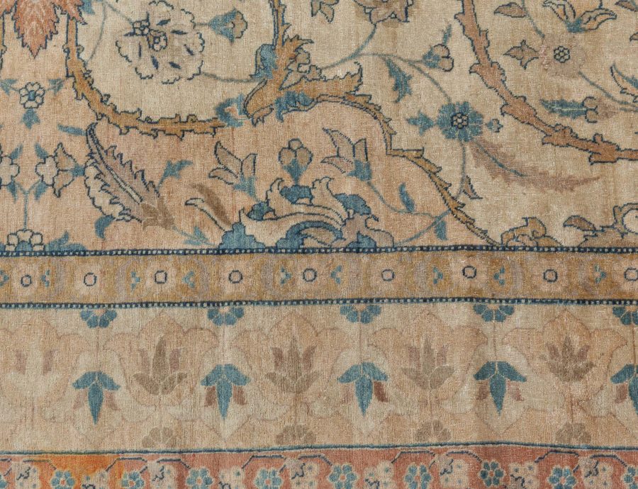 Antique Ivory Background Blue Flower Medallion Persian Tabriz Wool Rug BB7205
