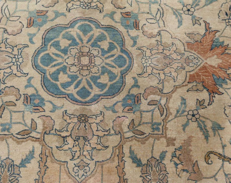 Antique Ivory Background Blue Flower Medallion Persian Tabriz Wool Rug BB7205