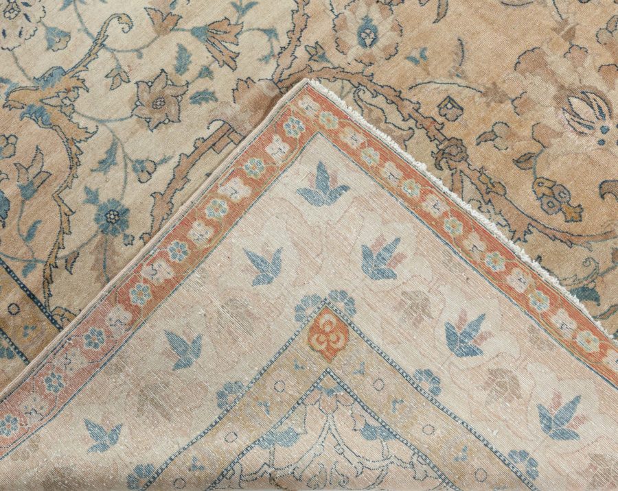 Antique Ivory Background Blue Flower Medallion Persian Tabriz Wool Rug BB7205