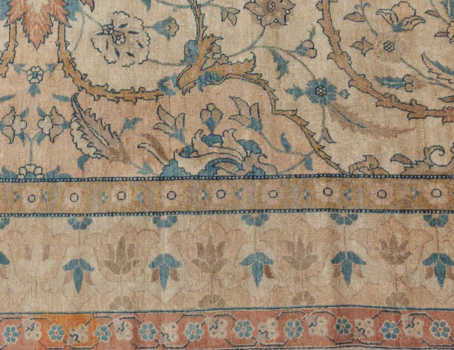 Antique Ivory Background Blue Flower Medallion Persian Tabriz Wool Rug BB7205