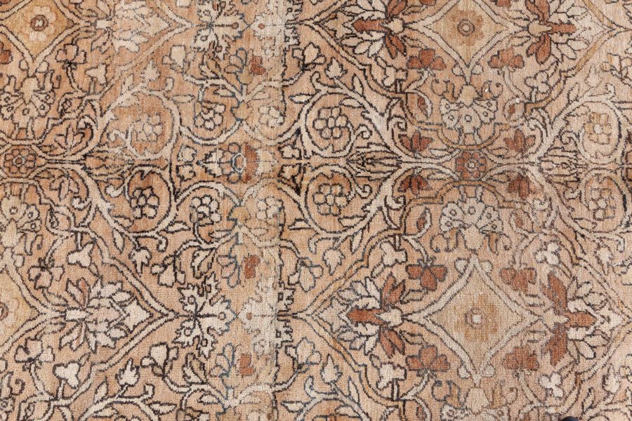 Antique Beige, Brown, Botanic, Persian Kirman Hand-Knotted Wool Rug BB7217