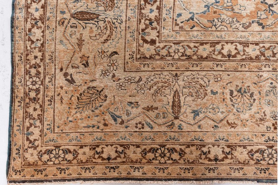 Antique Persian Meshad Botanic, Blue, Brown Hand Knotted Wool Rug BB7261
