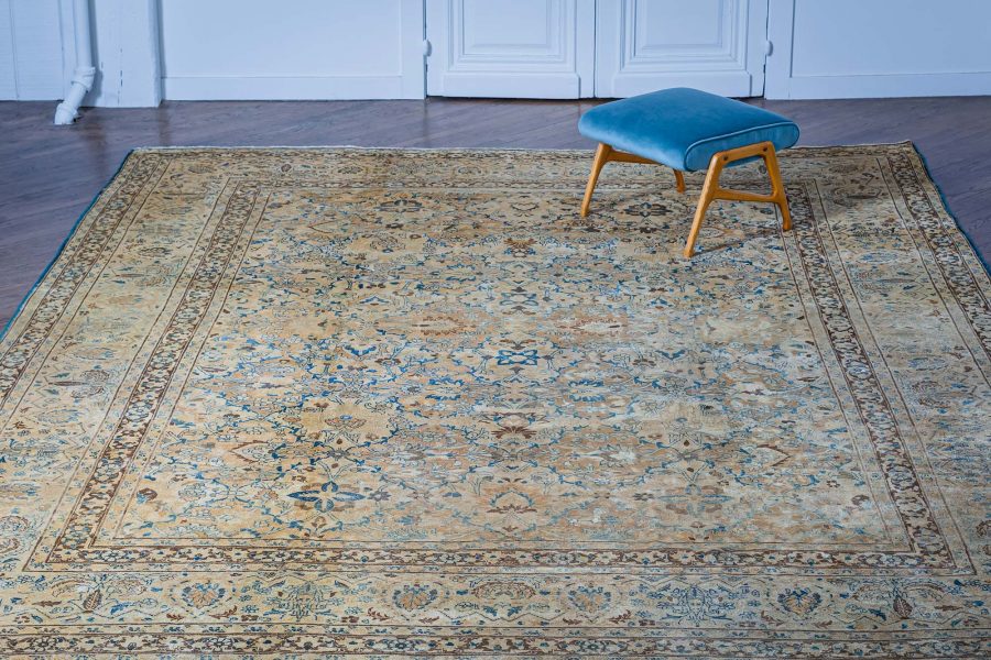 Antique Persian Meshad Botanic, Blue, Brown Hand Knotted Wool Rug BB7261