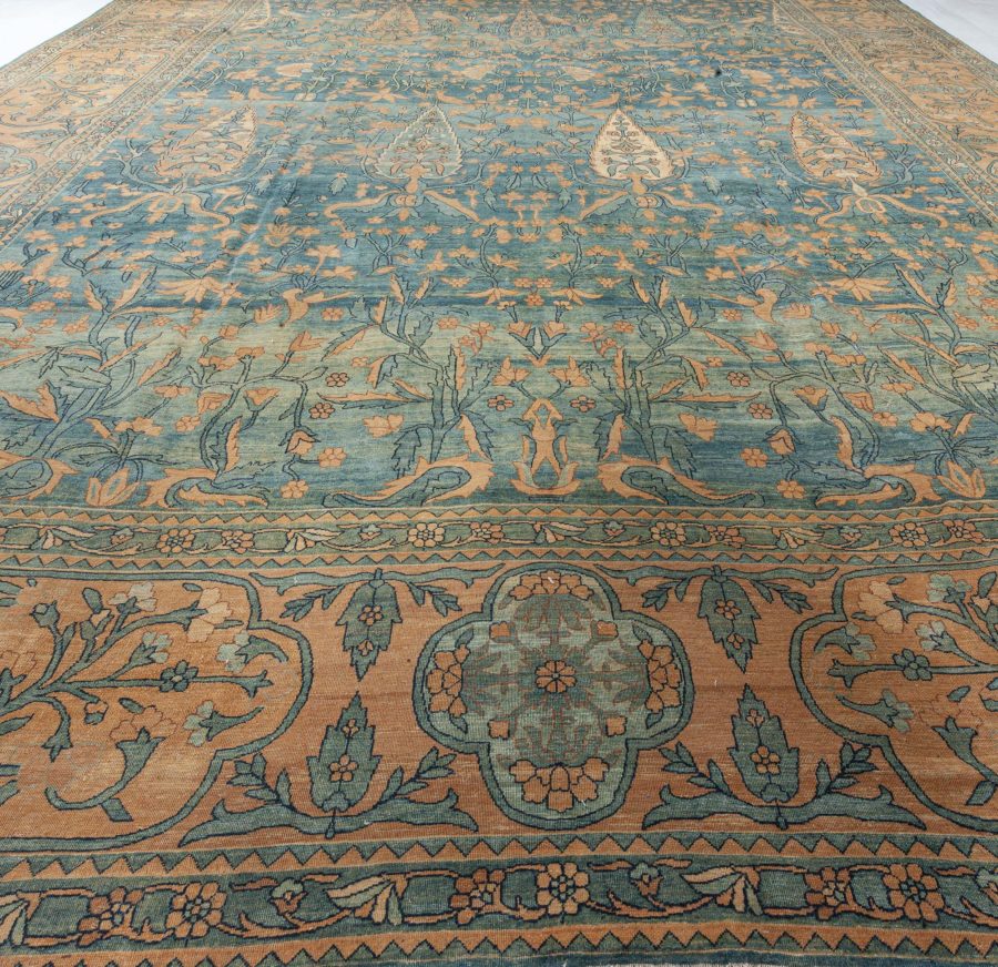 Antique Persian Kirman Green, Caramel and Cream Handwoven Wool Carpet BB7291