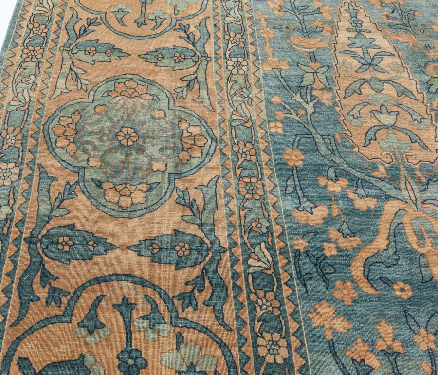 Antique Persian Kirman Green, Caramel and Cream Handwoven Wool Carpet BB7291