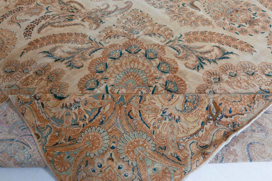 Antique Botanic Persian Kirman Beige, Brown, Blue Handmade Wool Rug BB7513