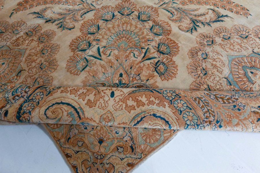 Antique Botanic Persian Kirman Beige, Brown, Blue Handmade Wool Rug BB7513