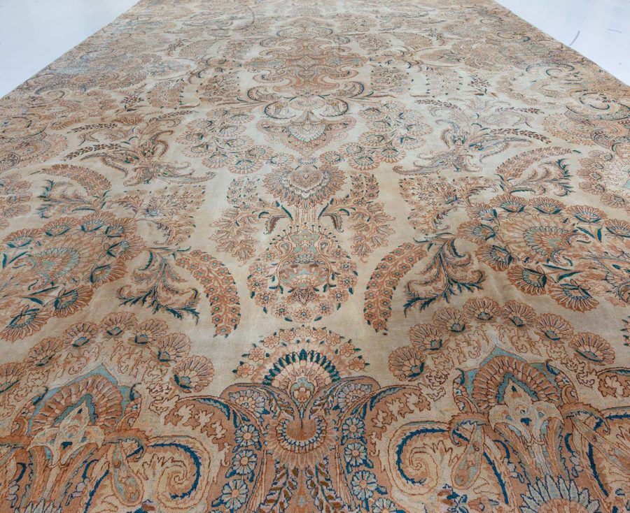 Antique Botanic Persian Kirman Beige, Brown, Blue Handmade Wool Rug BB7513