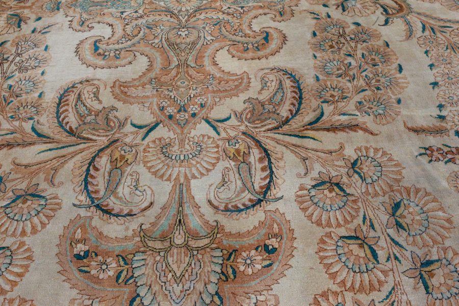 Antique Botanic Persian Kirman Beige, Brown, Blue Handmade Wool Rug BB7513