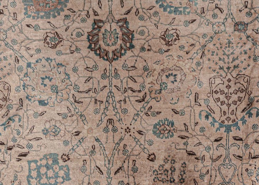 Authentic Persian Tabriz Beige Green Handmade Wool Rug BB7573