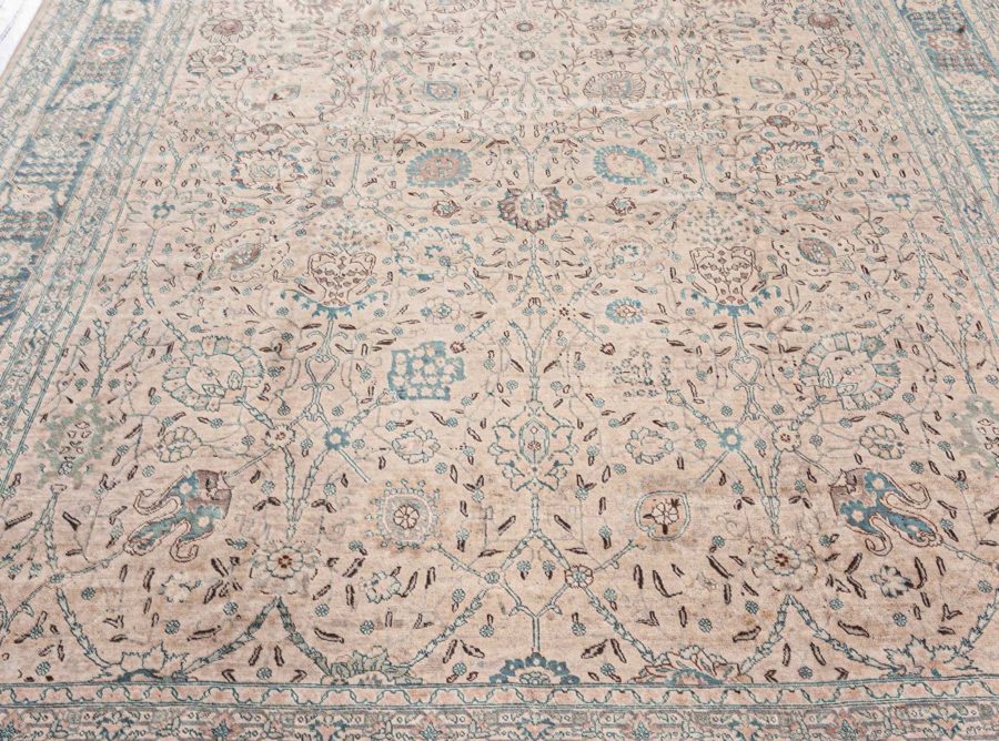 Authentic Persian Tabriz Beige Green Handmade Wool Rug BB7573