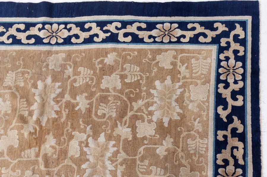Authentic Mid-19th Century Chinese Beige and Dark Blue Handwoven Wool Rug BB8426
