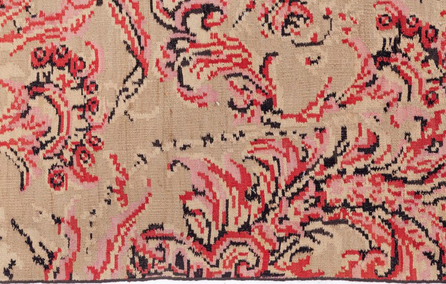 Mid-20th Century Bessarabian Beige, Pink, Brown Bold Botanic Handmade Wool Rug BB8483