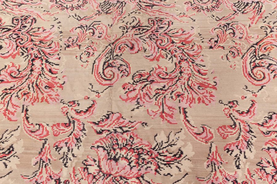 Mid-20th Century Bessarabian Beige, Pink, Brown Bold Botanic Handmade Wool Rug BB8483