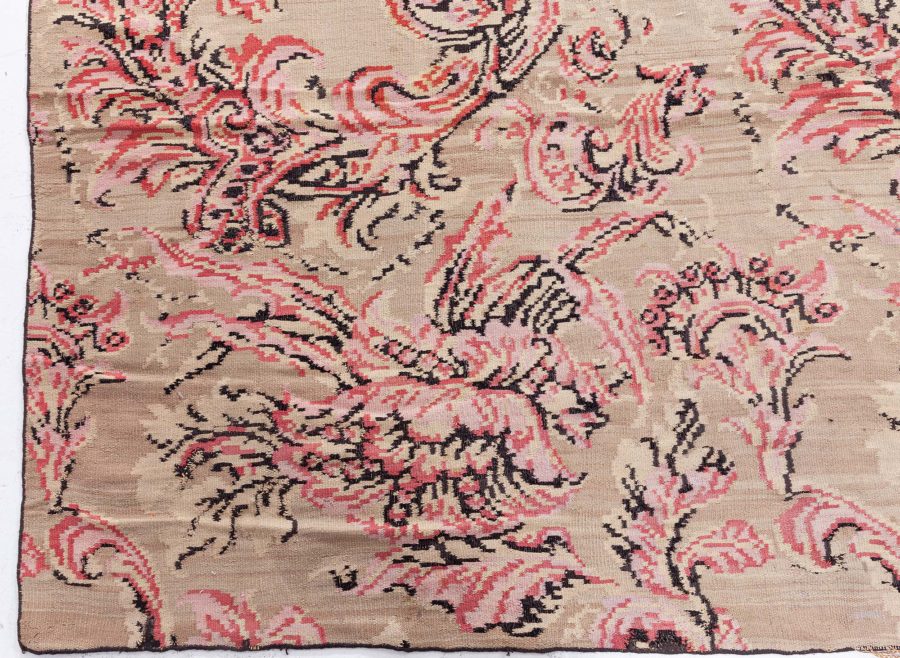 Mid-20th Century Bessarabian Beige, Pink, Brown Bold Botanic Handmade Wool Rug BB8483