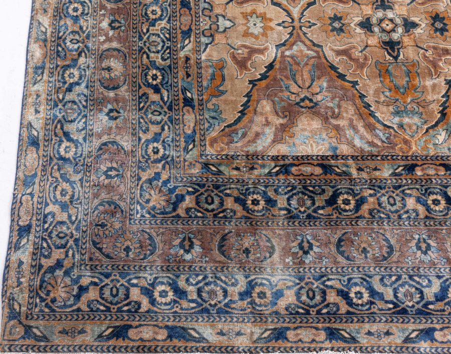 One-of-a-kind Antique Indian Botanic Green, Blue, Brown, Beige, Orange Wool Rug BB8565