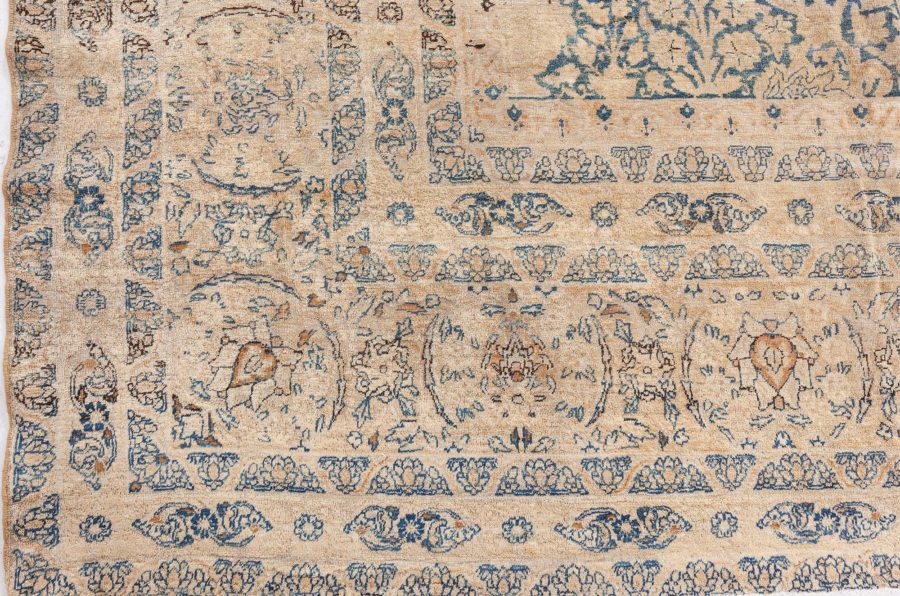 Antique Blue and Beige Persian Kirman Handwoven Wool Rug BB8744