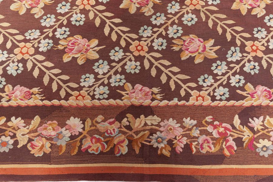 Antique French Aubusson Brown Botanic Handmade Wool Carpet BB8775
