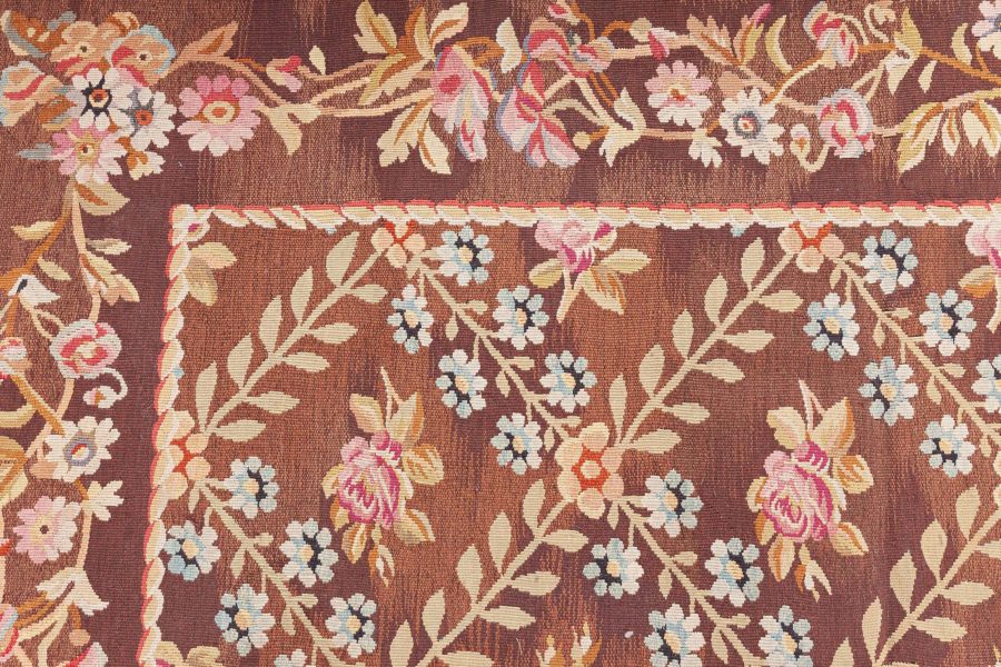 Antique French Aubusson Brown Botanic Handmade Wool Carpet BB8775