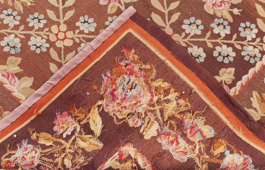 Antique French Aubusson Brown Botanic Handmade Wool Carpet BB8775