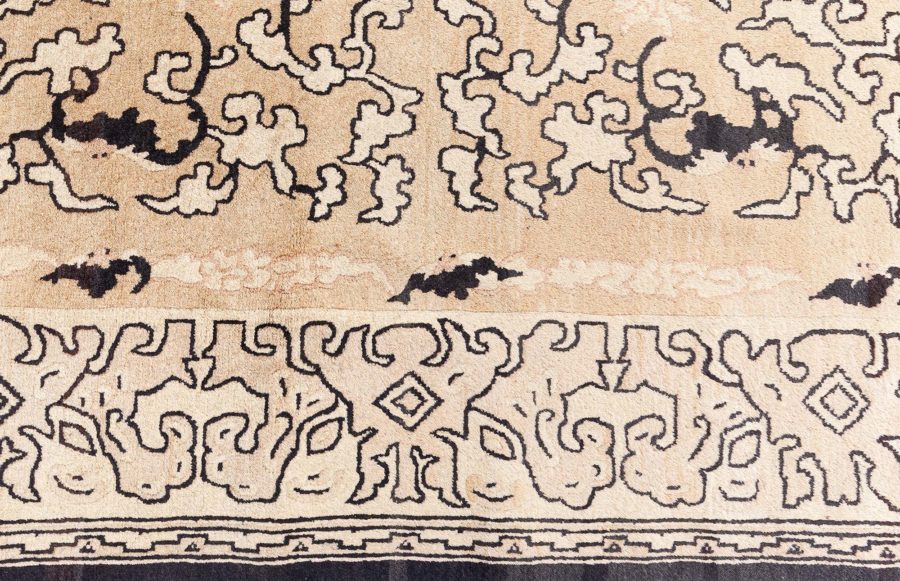 Vintage Chinese Botanic Beige and Black Handmade Wool Rug BB8844