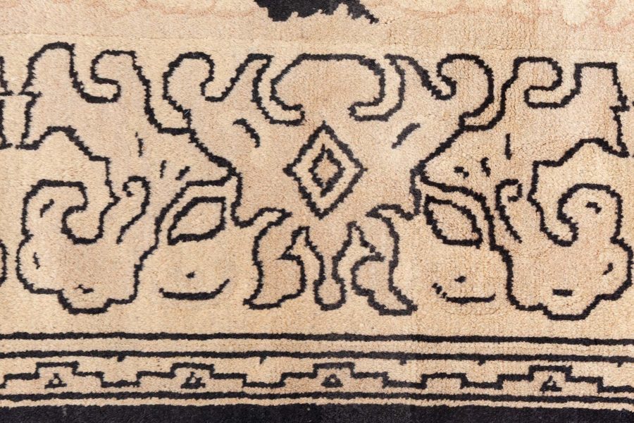 Vintage Chinese Botanic Beige and Black Handmade Wool Rug BB8844