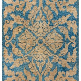 Vintage Chinese Art Deco Floral Warm Tan And Blue Hand-Knotted Wool Rug BB5238