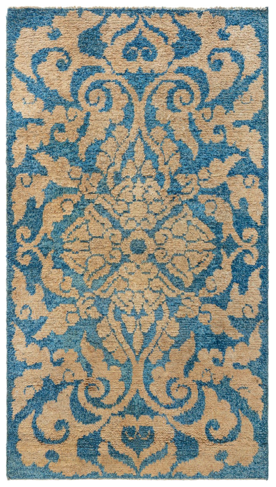 Mid-20th Century Floral Blue and Yellow Chinese Handmade Wool Rug BB5238
