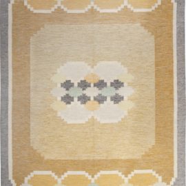 Mid-Century Scandinavian Geometric Warm Tan Flatweave Wool Rug By Ingegerd Silow BB4944