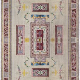 Spanish Vintage Geometric Cream Beige Hand-Knotted Wool Rug (Size Adjusted) BB8732