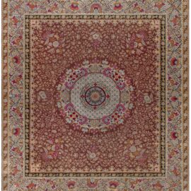 Aubusson French Antique Floral Medallion Warm Tan Hand-Knotted Wool Carpet – Circa 1870 BB8926