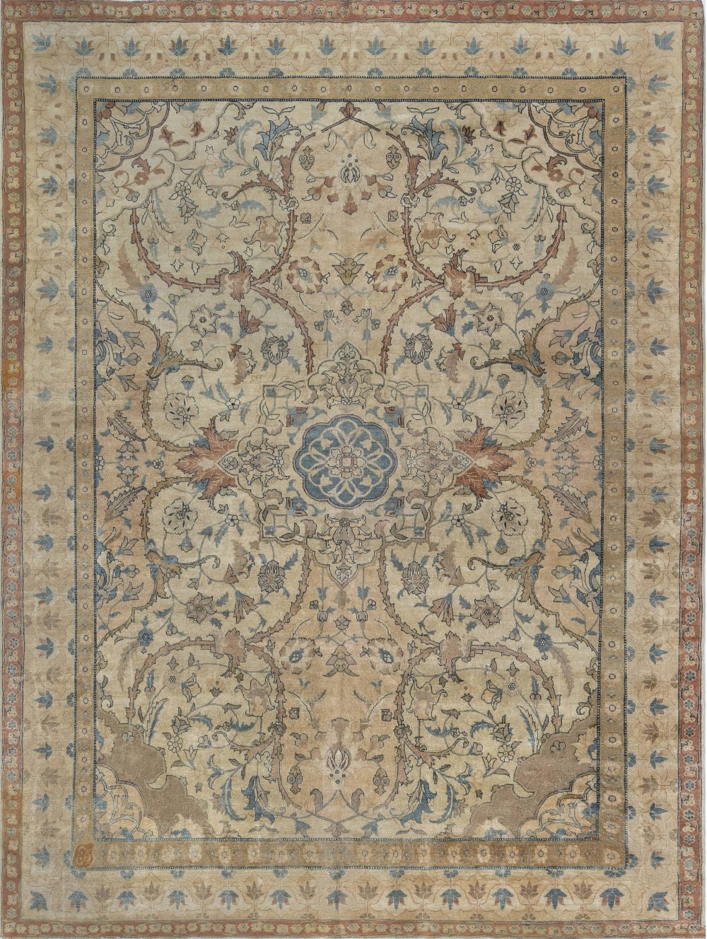 Antique Ivory Background Blue Flower Medallion Persian Tabriz Wool Rug BB7205