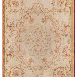 Savonnerie French Antique Medallion Floral Cream Beige Hand-Knotted Wool Rug – Circa 1900 BB6129