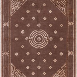 Chinese Vintage Geometric Brown Hand-Knotted Wool Rug Mongolian BB8911